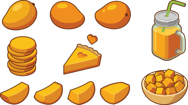 Mango Fruit Vector Collection with Whole Mangoes, Slices, Cubes, Juice Jar and Dessert Pie in Bright Flat Style for Tropical Food and Summer Designs