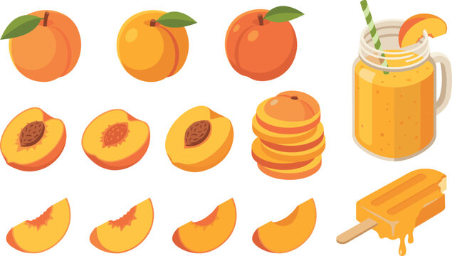 Peach Fruit Vector Set with Whole Peaches, Slices, Juice Glass and Popsicle in Bright Flat Style for Summer Food, Beverage and Healthy Lifestyle Designs