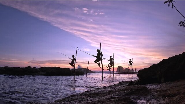Sri Lankan stilt fishermen sitting on pole fishing at sunset in silhouette during dusk southern coast in Sri Lanka