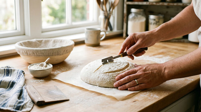 artisan baker hands scoring sourdough bread dough with a sharp lame blade on a floured wooden counter in a bright rustic kitchen with proofing basket and baking tools