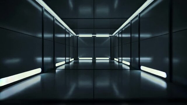 Panning camera starting forward into metallic corridor, emphasizing depth with LED reflections