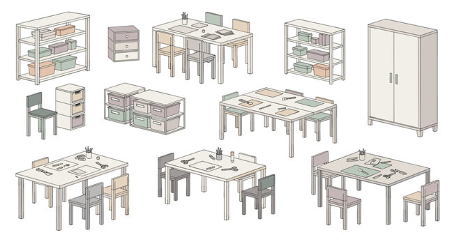 Isometric collection of modular furniture for a children's arts and crafts studio, featuring tables, chairs, shelving units, and storage cabinets with colorful boxes.