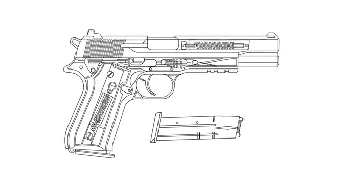 Pistol Blueprint: Detailed Cutaway Illustration of a Semi-Automatic Handgun and Magazine