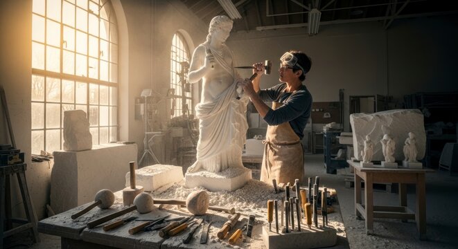 Artist working on sculpture in studio.