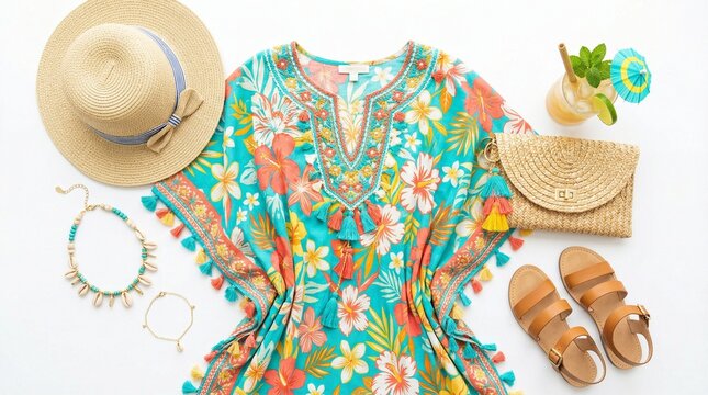 Flat lay of vibrant summer resort wear including caftan, hat, sandals, and cocktail on white for tropical vacation concept and beach holiday fashion