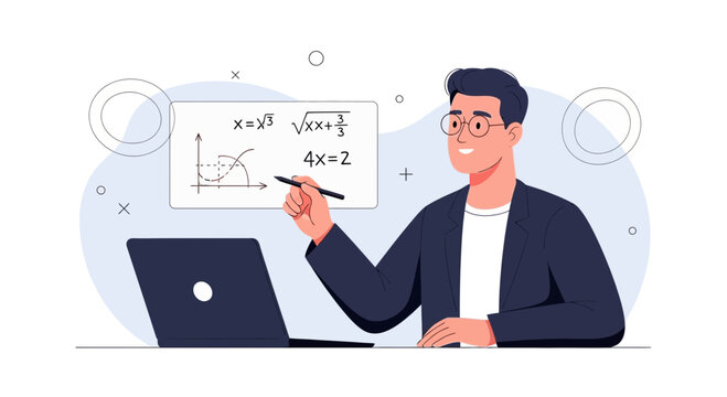 Man teaching math online with laptop and whiteboard, virtual education concept