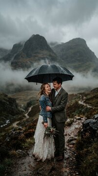 A happy couple under an umbrella on their wedding day, embracing in the rain amidst a dramatic mountainous landscape. They are both smiling.