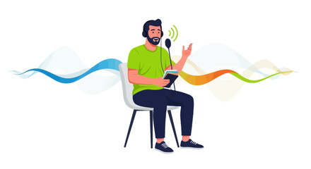 Fototapeta premium Man Recording Podcast with Headphones and Microphone, Sound Waves Illustration