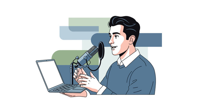 Man recording podcast with laptop and microphone, podcasting concept