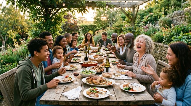 A large family joyfully sharing a meal outdoors on a long table, celebrating the joy of togetherness. The scene exudes happiness and the bond of kinship.
