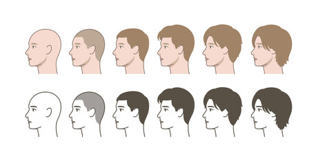 Male Hair Growth Progression Side View, Profile Hairstyle Transformation from Bald to Long Hair, Hair Length Comparison, Grooming Chart Illustration © Jeorge