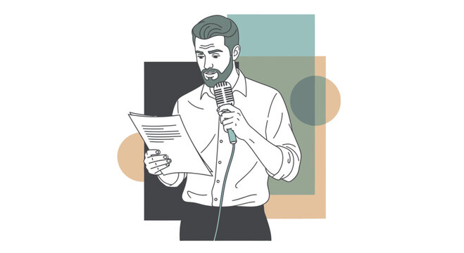 Man Speaking into Microphone Reading from Paper, Business Presentation, Public Speaking
