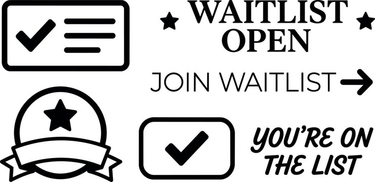 Waitlist open text with checkmark icons and star badge vector art