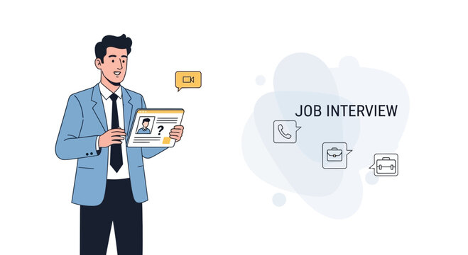 Man holding resume for job interview, icons for call, briefcase, and video chat