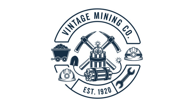 Vintage Mining Co. Emblem with Tools, Dynamite, and Helmets - Retro Industry Logo