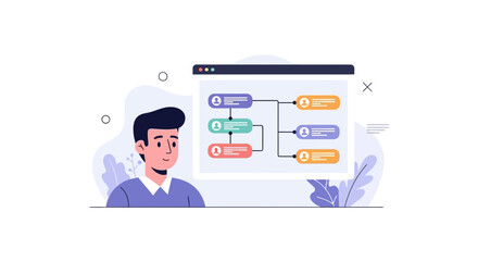 Obraz premium Man looking at organizational chart on computer screen, business concept