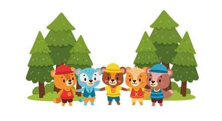 Naklejka premium Cartoon animals in teamwork concept standing together in front of green trees on white background for environmental education theme.