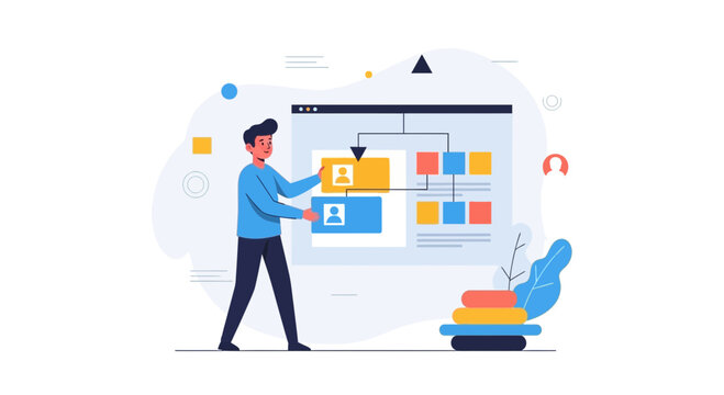 Man organizing organizational chart on screen, business hierarchy, team structure, workflow planning
