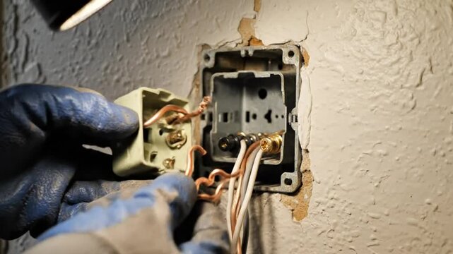 Unscrewing and removing an electrical outlet during home improvement and renovation, close up view