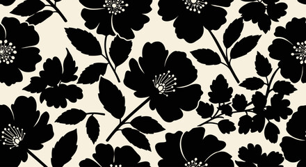 Black and white floral seamless pattern with elegant botanical motif. © Kental