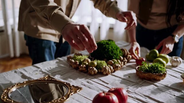 Couple arranging a traditional haft sin table for nowruz, placing sabzeh, apples and garlic on a festive sofreh in a warmly lit home to celebrate persian new year together