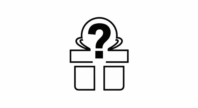 A black and white graphic icon of a gift box with a question mark