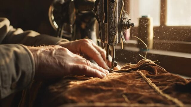 Close up view of hands using an antique sewing machine stitching brown fabric in a sunlit workshop