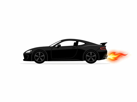 Sleek Black Sports Car Illustration with Exhaust Flames Isolated on White Background