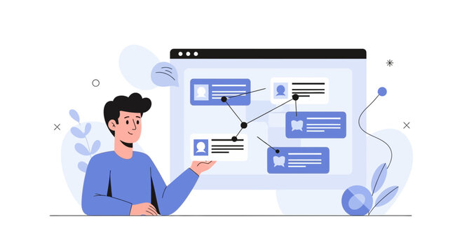 Man presenting a digital network diagram on a computer screen, business concept