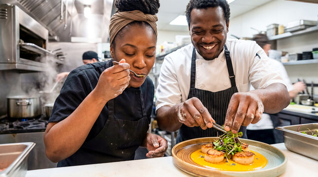 black chefs restaurant kitchen plating dish tasting teamwork hospitality service showing presentation skills and flavor refinement for menu branding food marketing and hospitality campaigns