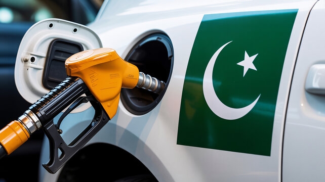 A gas pump nozzle inserted into the fuel tank of a white car with a Pakistani flag decal on the side