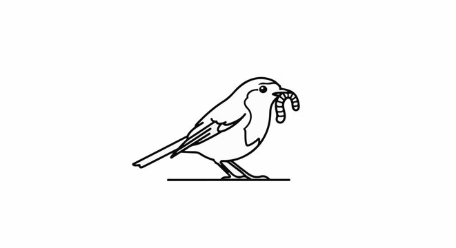 A simple line drawing of a bird holding a segmented worm in its beak
