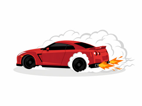 Red Sports Car Drifting with Smoke and Exhaust Flames Vector Illustration