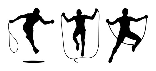 Jump rope set with simple black icon on white background featuring fitness, exercise, cardio with silhouette and single rope © MstSupti