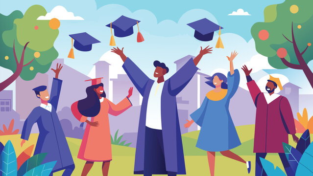 Diverse Students Celebrating Graduation Cap Toss Vector Illustration