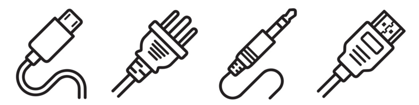 cable and connector icons set, usb audio jack and electric plug vector line symbols, wire cord adapter technology equipment collection on transparent background