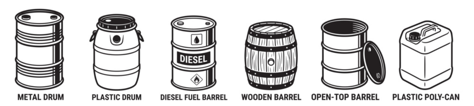 industrial barrels and containers set, metal drum plastic drum diesel fuel barrel wooden barrel open barrel and poly can collection on transparent background