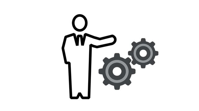 Animated line icon of a businessman managing and optimizing industrial mechanical gears representing process management, workflow efficiency, and technical leadership.