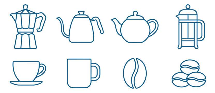 coffee and tea icons set, cup mug kettle teapot espresso maker french press and beans vector line symbols, cafe beverage equipment collection on transparent background