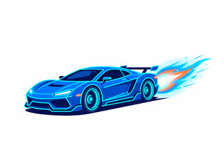 Fototapeta premium Futuristic Blue Neon Supercar Speeding with Nitro Exhaust Flames Isolated on White
