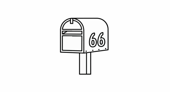Outline drawing of a classic mailbox with the number sixty-six on its side