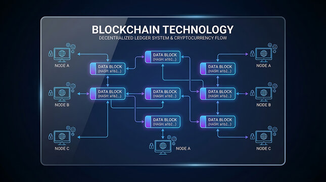 Advanced Blockchain Technology Diagram Visualizing Decentralized Data Blocks Hash Encryption and Transaction Flow Between Network Nodes for Digital Ledger Security and Crypto Infrastructure