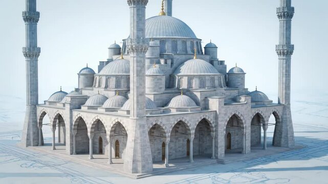 A detailed blueprint transforms into a magnificent mosque. This architectural design showcases a grand religious structure.