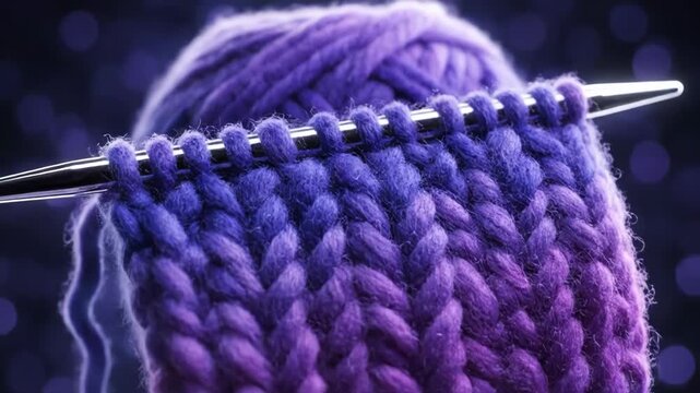 A vibrant purple yarn ball sits ready for crafting. Knitting needles create beautiful stitches in a cozy gradient.