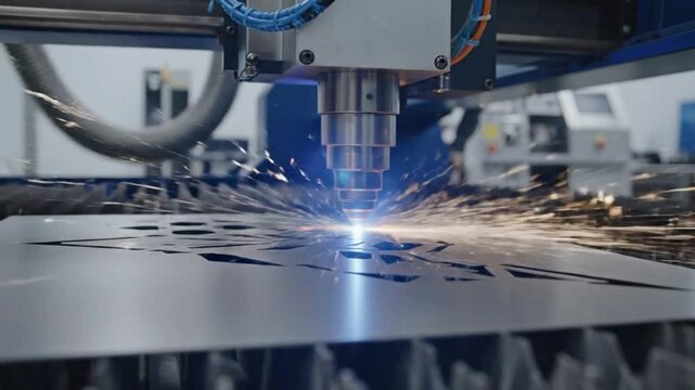 Industrial laser cutting process creating intricate patterns in metal sheet with sparks flying