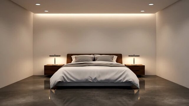 An empty room transforms into a modern, minimalist bedroom. Warm lighting and clean design create a serene sleeping space.