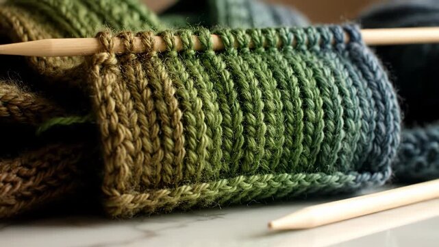 A ball of colorful gradient yarn transforms into a beautiful knitted fabric. Wooden knitting needles rest beside the cozy, handcrafted project.