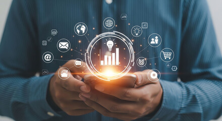 Fototapeta premium Digital Transformation in Action: A person holds a smartphone, illuminating the sphere of global connectivity and the dynamic interplay of technology