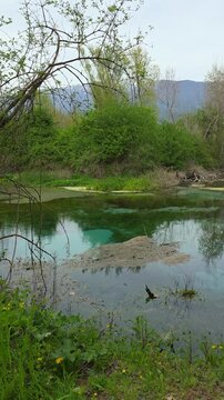 A stunning view of the Tirino River near Capestrano, L'Aquila. Known as the cleanest river in Italy and Europe, it features incredibly transparent emerald green water flowing through the lush nature o