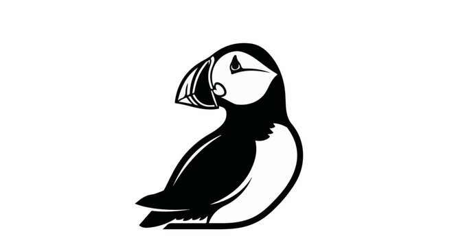 Black and white cartoon illustration of a puffin bird